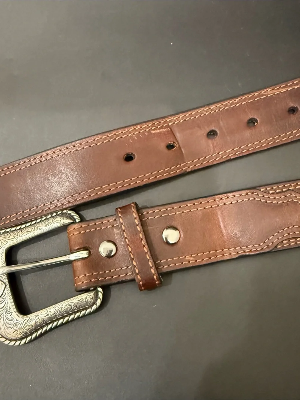 ARIAT Brown Leather Silver Ornate Buckle Rodeo Cowboy Men’s Western Belt Size 38